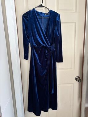 Deep Blue Velvet Wrap Dress - Size Large - Allegra K - 3/4 Sleeve